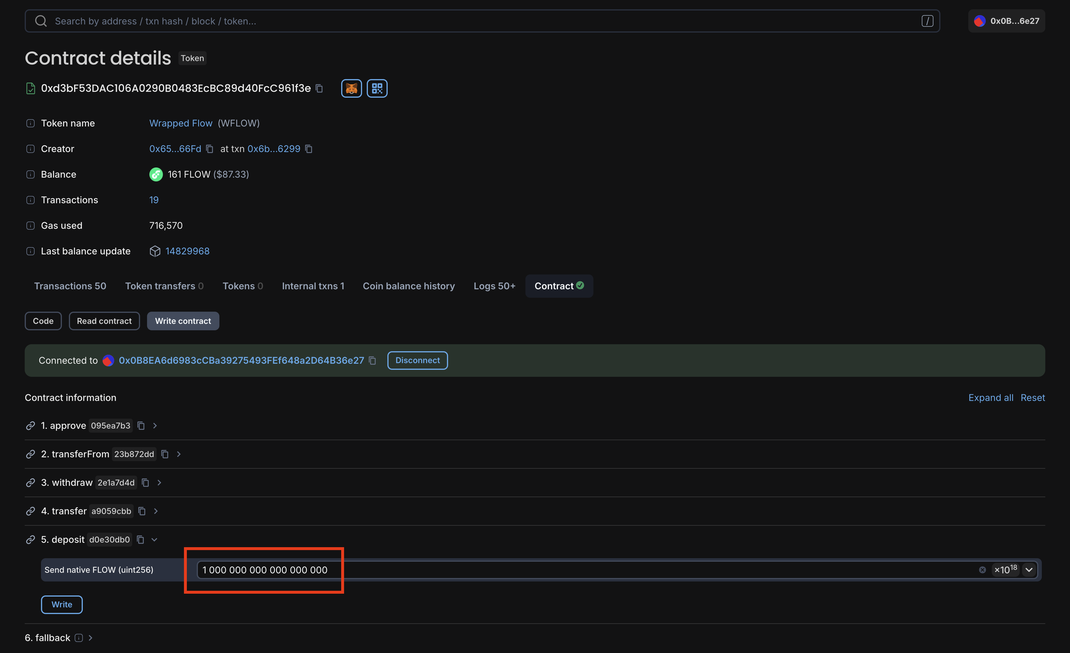 Deposit 1 FLOW to WFLOW contract